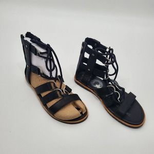 Sorel Ella Women's SZ 6.5 Lace Up Sandals Black Flats Leather Shoe Gladiator